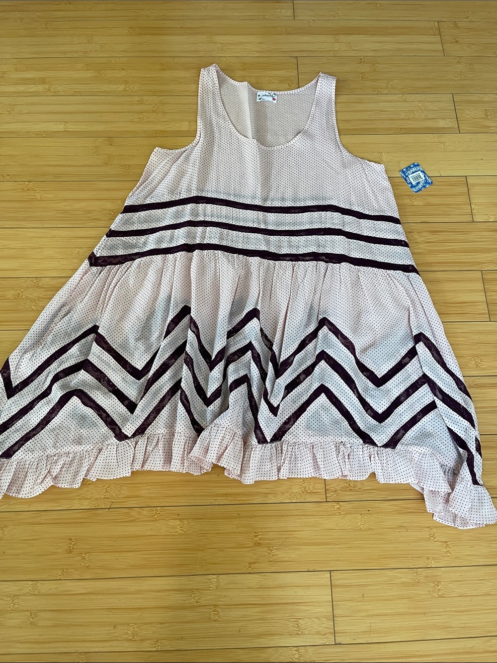 Free People NWT Women Sleeveless Pink Polka Dot Mini Dress M Burgundy Chevron